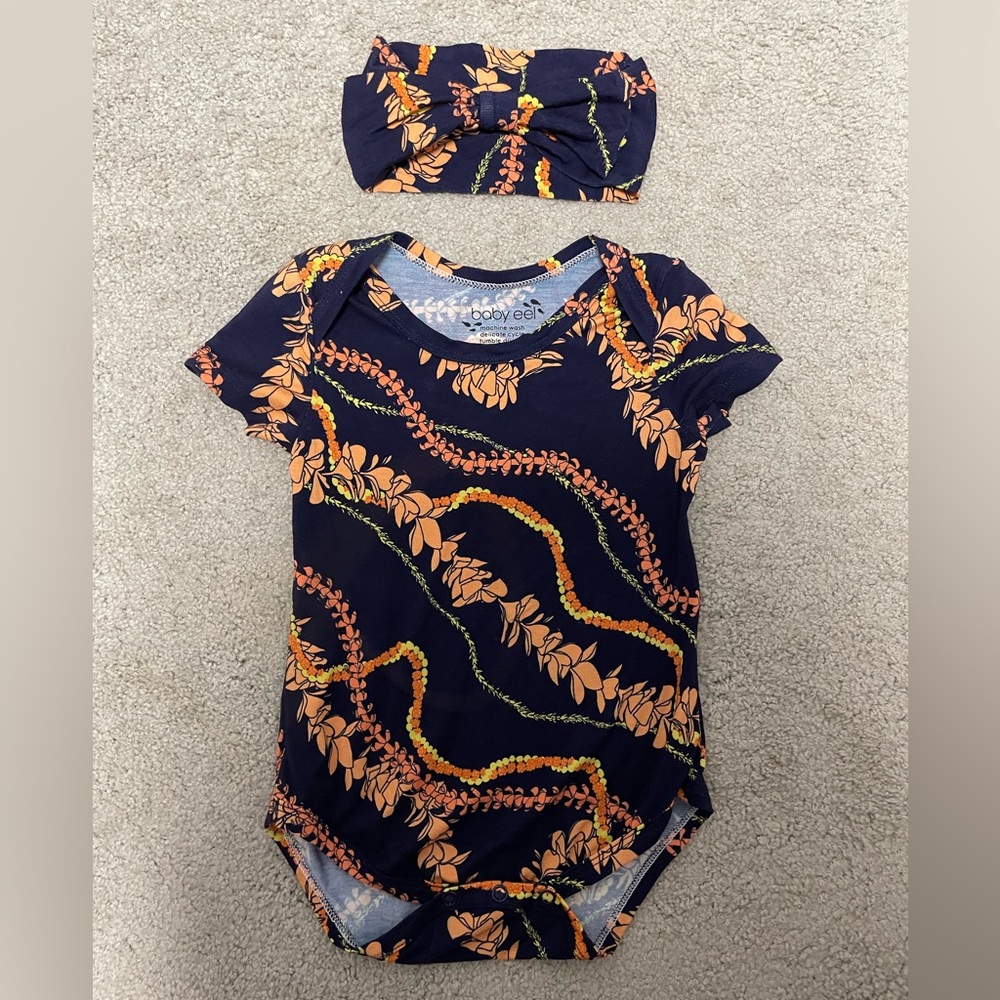 Fighting Eel Baby Onesie and Bow Headband Navy Plumeria Lei